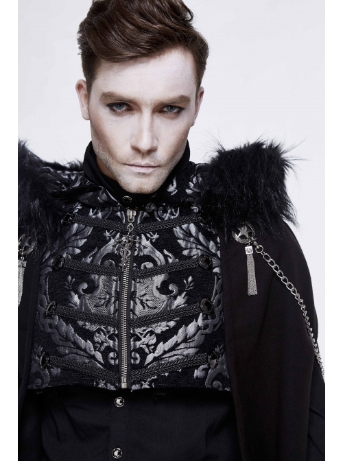 Gothic Metal Chain Decorated Black Jacquard Woolen Hooded Fur Collar Cloak