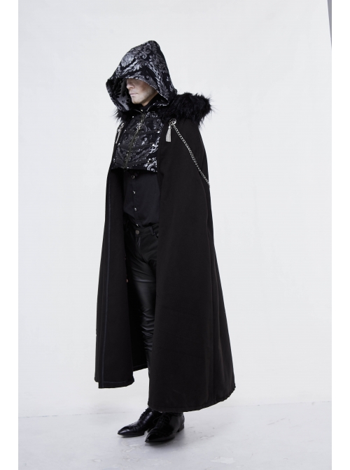 Gothic Metal Chain Decorated Black Jacquard Woolen Hooded Fur Collar Cloak