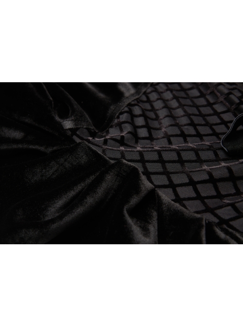 High Collar Bow Lace-Up Frill Long Sleeve Mesh Black Gothic Velvet Blouse