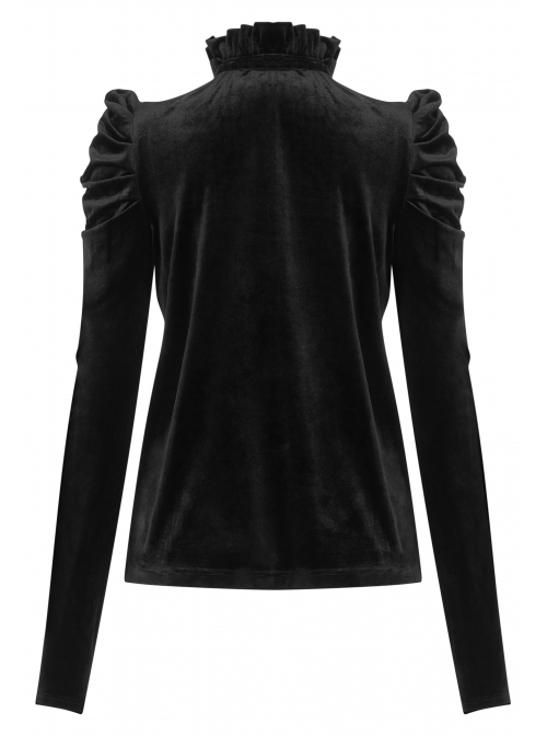 High Collar Bow Lace-Up Frill Long Sleeve Mesh Black Gothic Velvet Blouse