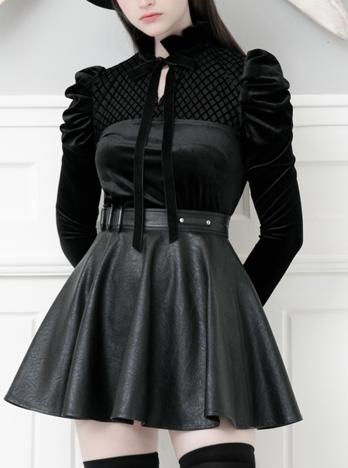 High Collar Bow Lace-Up Frill Long Sleeve Mesh Black Gothic Velvet Blouse