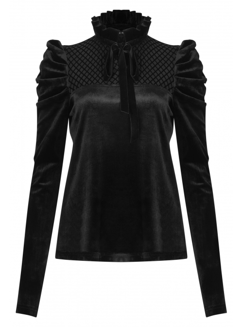 High Collar Bow Lace-Up Frill Long Sleeve Mesh Black Gothic Velvet Blouse