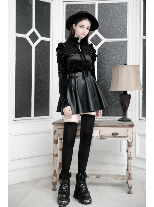 High Collar Bow Lace-Up Frill Long Sleeve Mesh Black Gothic Velvet Blouse