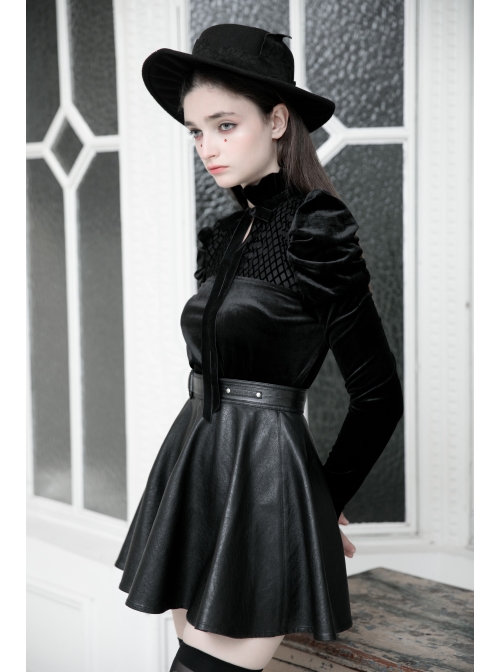 High Collar Bow Lace-Up Frill Long Sleeve Mesh Black Gothic Velvet Blouse