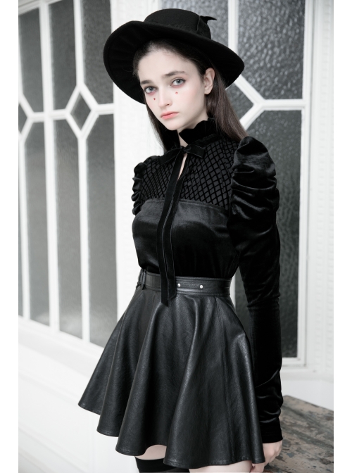 High Collar Bow Lace-Up Frill Long Sleeve Mesh Black Gothic Velvet Blouse