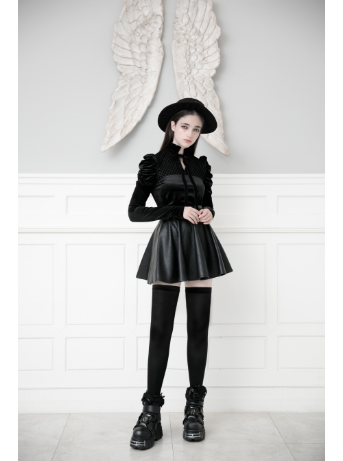 High Collar Bow Lace-Up Frill Long Sleeve Mesh Black Gothic Velvet Blouse