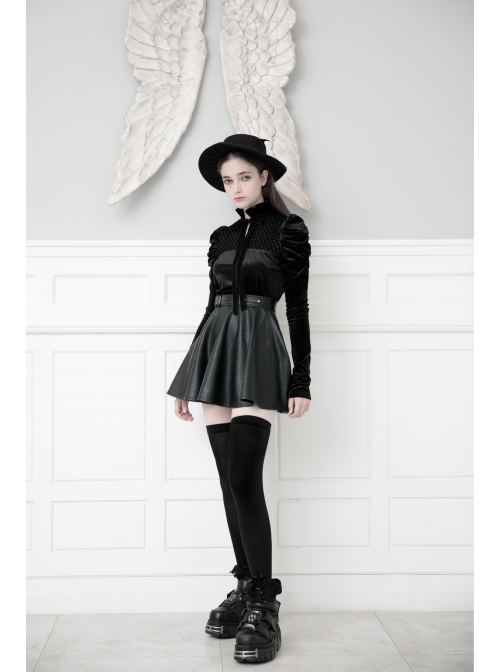 High Collar Bow Lace-Up Frill Long Sleeve Mesh Black Gothic Velvet Blouse