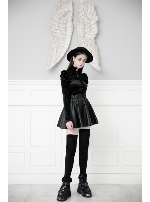High Collar Bow Lace-Up Frill Long Sleeve Mesh Black Gothic Velvet Blouse