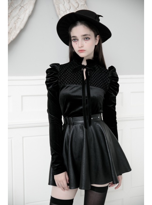 High Collar Bow Lace-Up Frill Long Sleeve Mesh Black Gothic Velvet Blouse