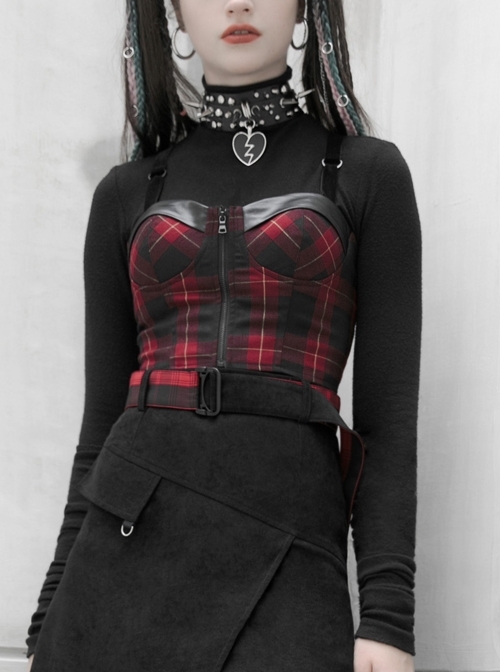 Off-Shoulder Black And Red Plaid Chest Zipper Back Cross Elastic Straps Punk Corset