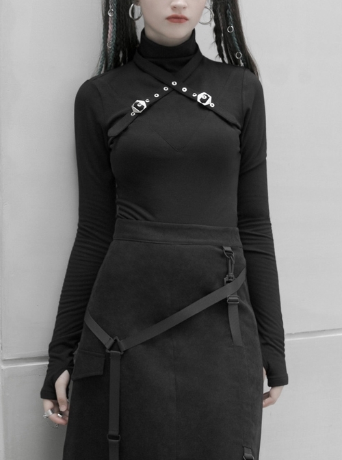 High Collar Chest Cross Hasp Long Sleeve Finger Holes Cuff Black Tight Punk T-Shirt