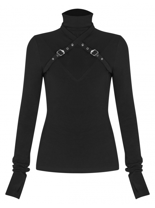 High Collar Chest Cross Hasp Long Sleeve Finger Holes Cuff Black Tight Punk T-Shirt