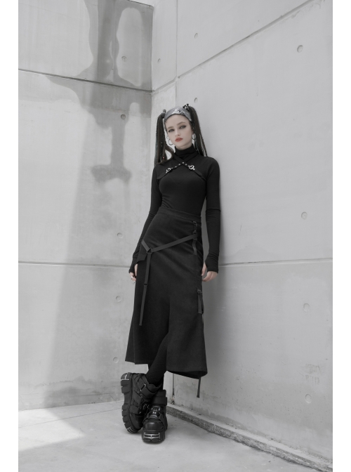 High Collar Chest Cross Hasp Long Sleeve Finger Holes Cuff Black Tight Punk T-Shirt