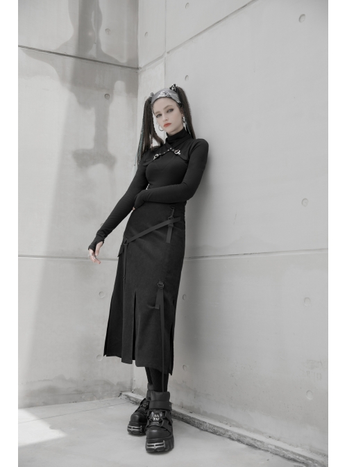 High Collar Chest Cross Hasp Long Sleeve Finger Holes Cuff Black Tight Punk T-Shirt