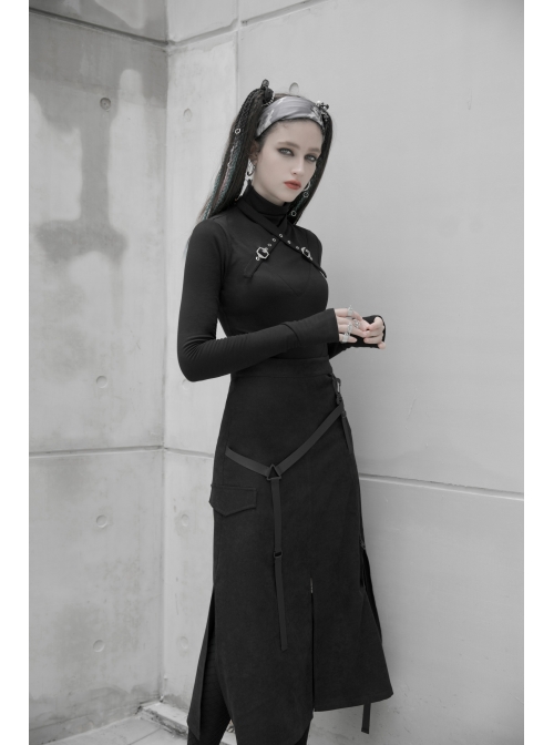 High Collar Chest Cross Hasp Long Sleeve Finger Holes Cuff Black Tight Punk T-Shirt