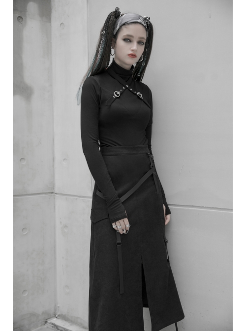 High Collar Chest Cross Hasp Long Sleeve Finger Holes Cuff Black Tight Punk T-Shirt