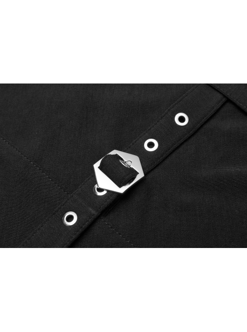 High Collar Chest Cross Hasp Long Sleeve Finger Holes Cuff Black Tight Punk T-Shirt