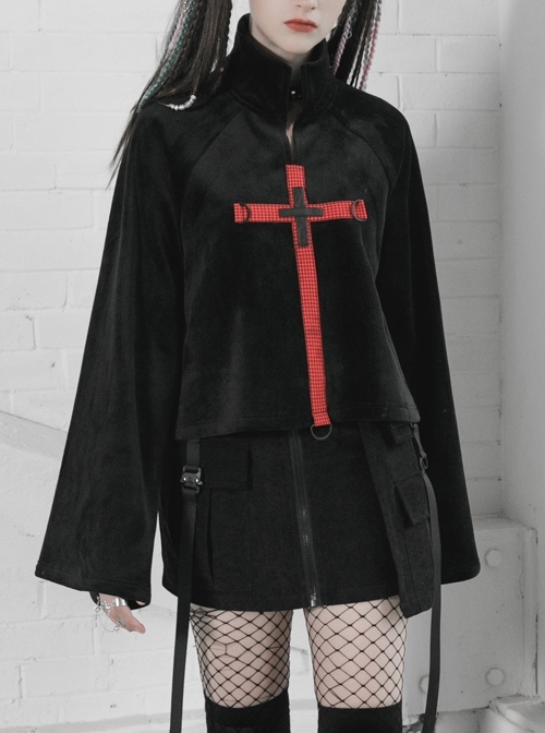 High Collar Chest Orange Plaid Cross Knit Strap Hasp Long Sleeve Black Punk Sweater