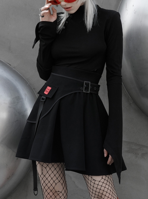 Small High Collar Neck Oblique Flap Shoulder Pad Horn Sleeve Black Punk T-Shirt