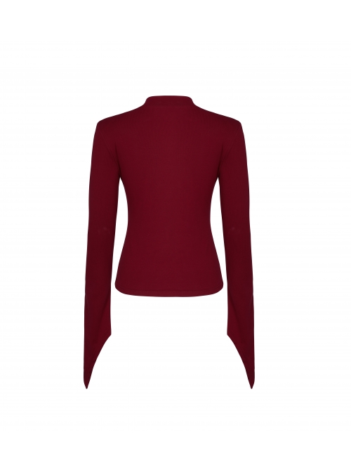 Small High Collar Neck Oblique Flap Shoulder Pad Sharp Horn Sleeve Red Punk T-Shirt