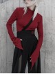 Small High Collar Neck Oblique Flap Shoulder Pad Sharp Horn Sleeve Red Punk T-Shirt