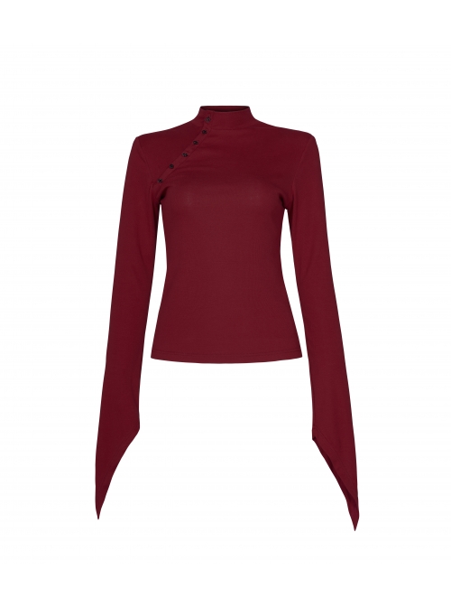 Small High Collar Neck Oblique Flap Shoulder Pad Sharp Horn Sleeve Red Punk T-Shirt