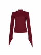 Small High Collar Neck Oblique Flap Shoulder Pad Sharp Horn Sleeve Red Punk T-Shirt