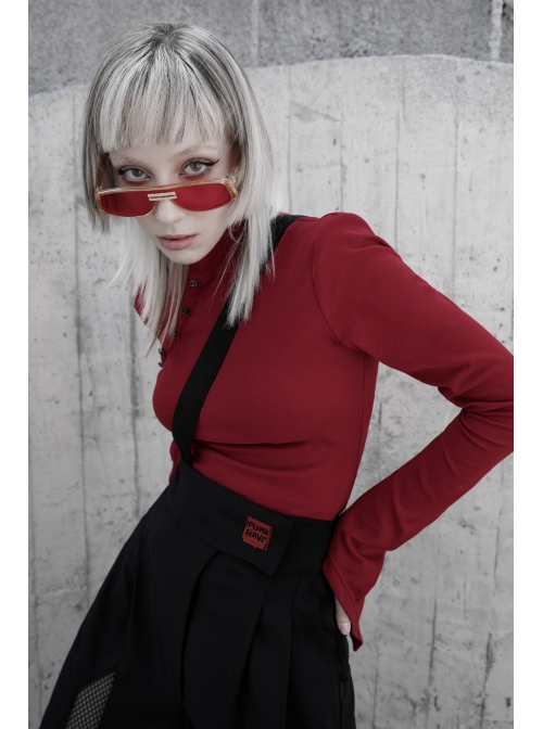 Small High Collar Neck Oblique Flap Shoulder Pad Sharp Horn Sleeve Red Punk T-Shirt