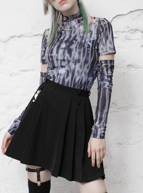 Stand-Up Collar Hollow Long Sleeve Black And White Elastic Mesh Printed Punk Tight T-Shirt