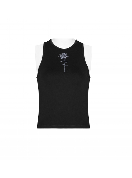 Round Collar Printed Black Punk Tight Vest