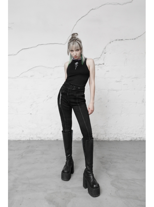 Round Collar Printed Black Punk Tight Vest