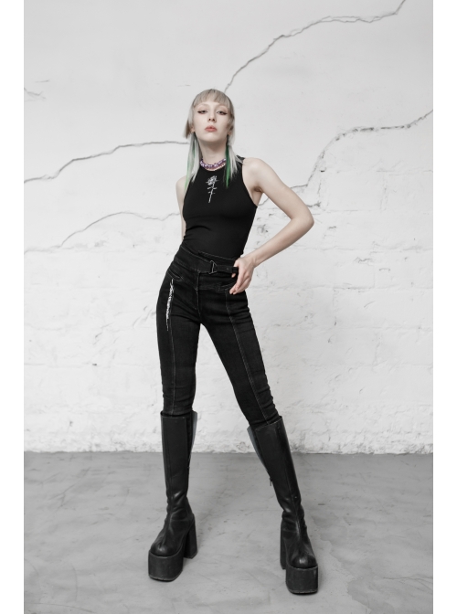 Round Collar Printed Black Punk Tight Vest