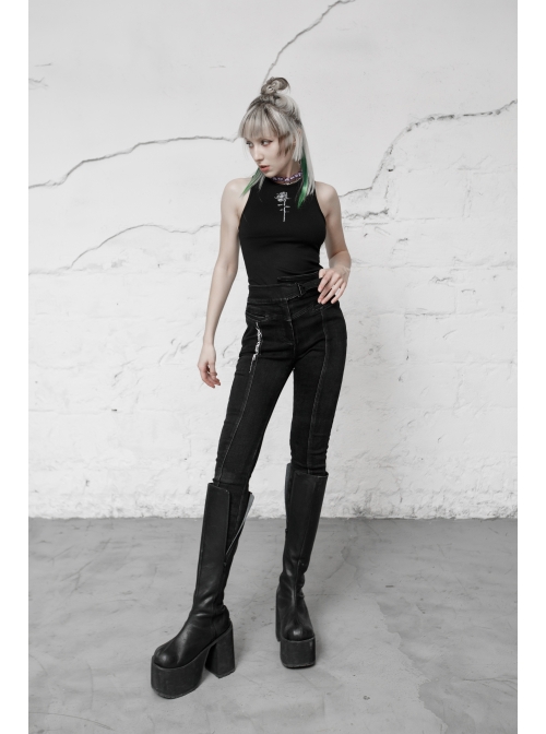 Round Collar Printed Black Punk Tight Vest