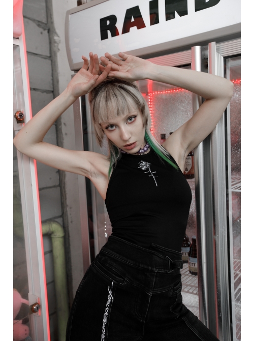 Round Collar Printed Black Punk Tight Vest