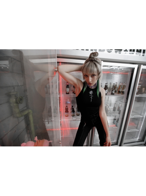Round Collar Printed Black Punk Tight Vest