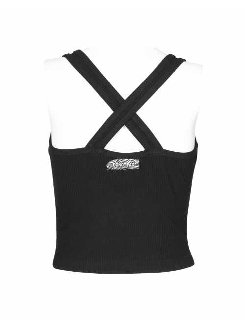 Black Back Cross Strap Side National Wind Seal Logo Printed Punk Vest
