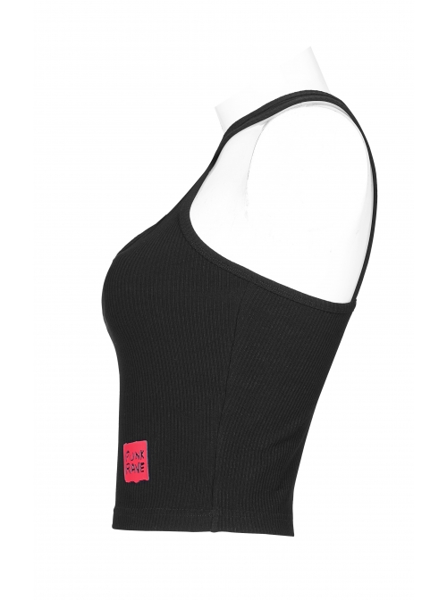 Black Back Cross Strap Side National Wind Seal Logo Printed Punk Vest