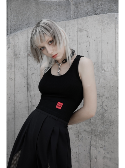 Black Back Cross Strap Side National Wind Seal Logo Printed Punk Vest