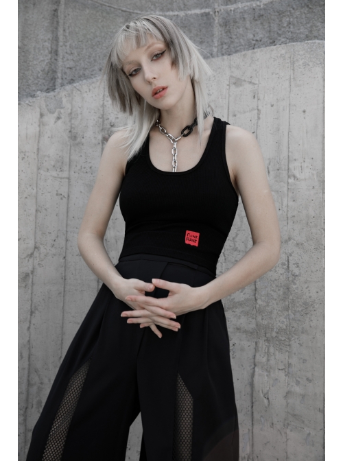 Black Back Cross Strap Side National Wind Seal Logo Printed Punk Vest