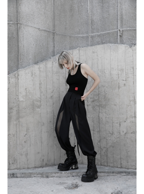Black Back Cross Strap Side National Wind Seal Logo Printed Punk Vest