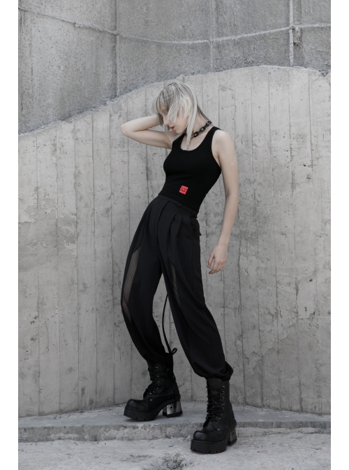 Black Back Cross Strap Side National Wind Seal Logo Printed Punk Vest