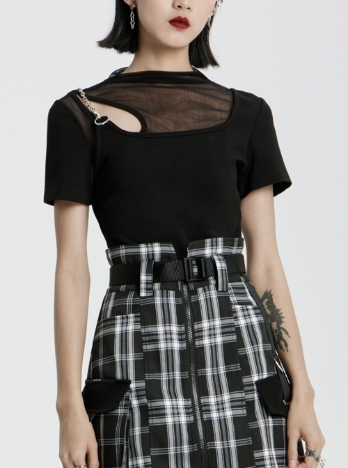 Square Collar Splice Mesh Chest Hollow-Out Chain Short Sleeve Black Punk T-Shirt