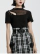 Square Collar Splice Mesh Chest Hollow-Out Chain Short Sleeve Black Punk T-Shirt