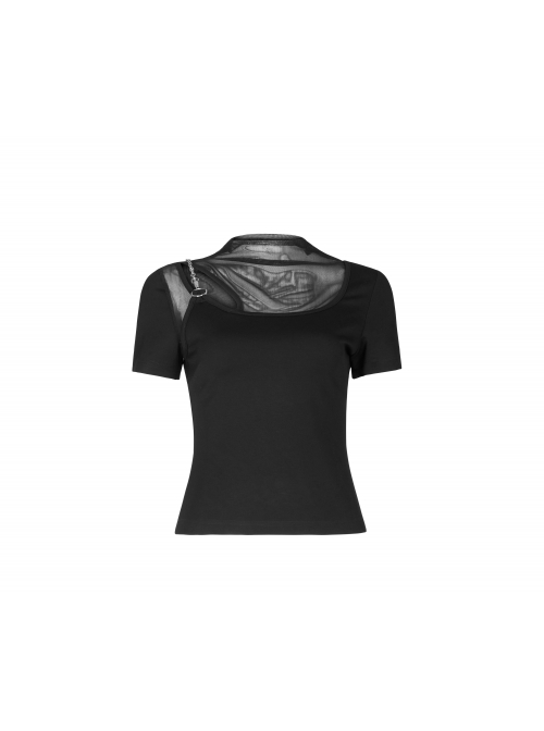Square Collar Splice Mesh Chest Hollow-Out Chain Short Sleeve Black Punk T-Shirt