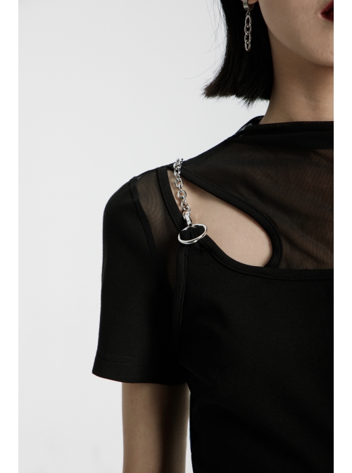 Square Collar Splice Mesh Chest Hollow-Out Chain Short Sleeve Black Punk T-Shirt