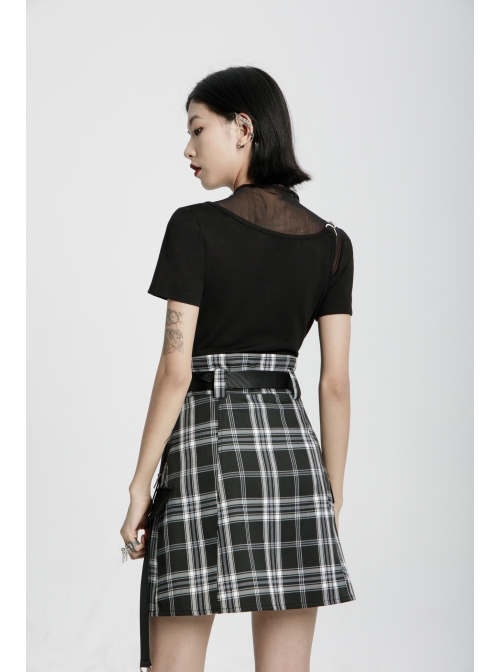 Square Collar Splice Mesh Chest Hollow-Out Chain Short Sleeve Black Punk T-Shirt