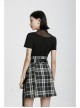 Square Collar Splice Mesh Chest Hollow-Out Chain Short Sleeve Black Punk T-Shirt