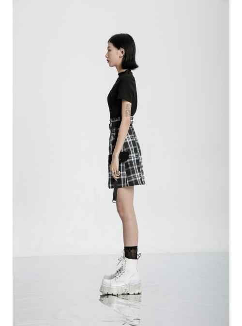 Square Collar Splice Mesh Chest Hollow-Out Chain Short Sleeve Black Punk T-Shirt