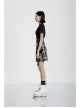 Square Collar Splice Mesh Chest Hollow-Out Chain Short Sleeve Black Punk T-Shirt