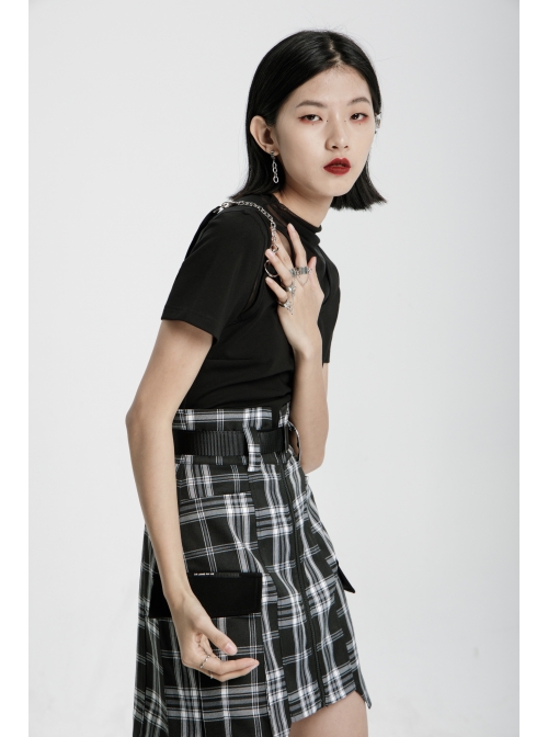 Square Collar Splice Mesh Chest Hollow-Out Chain Short Sleeve Black Punk T-Shirt